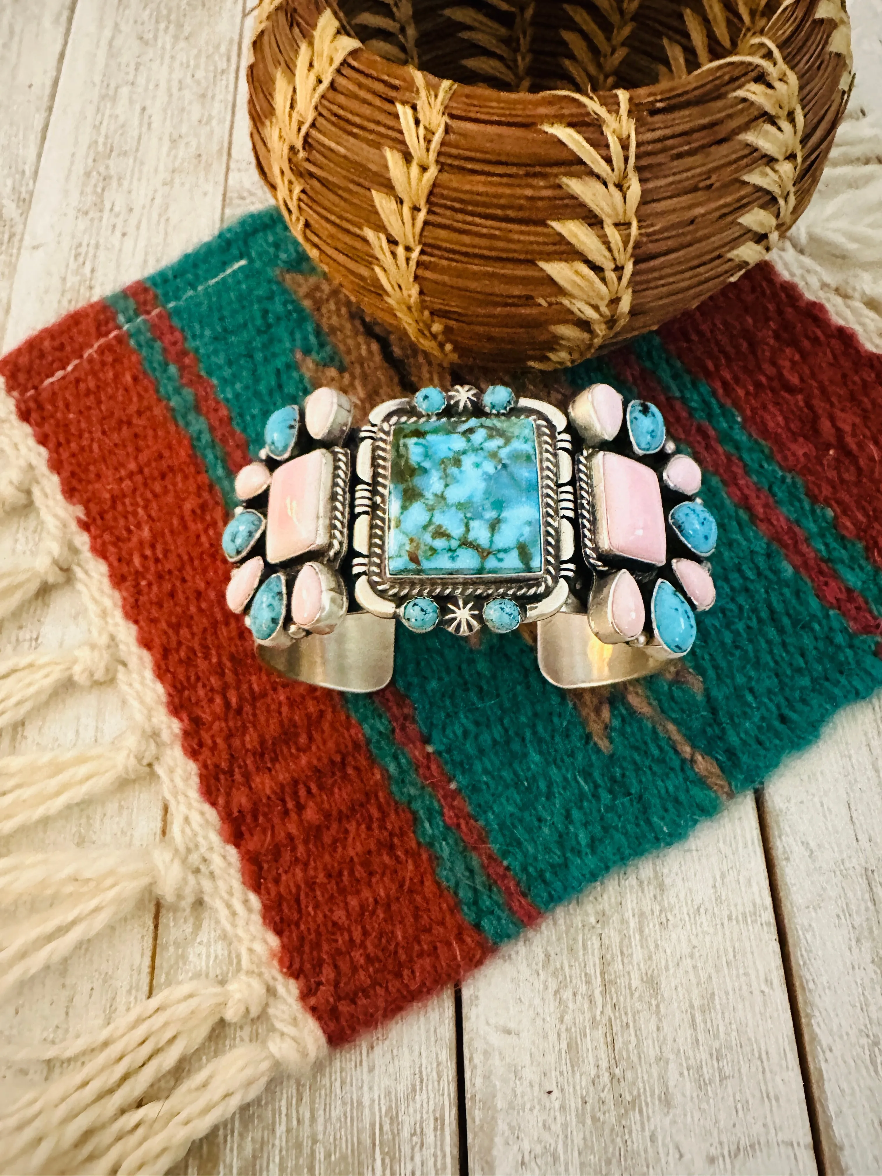 Navajo Sterling Silver, Turquoise & Queen Pink Conch Cuff Bracelet