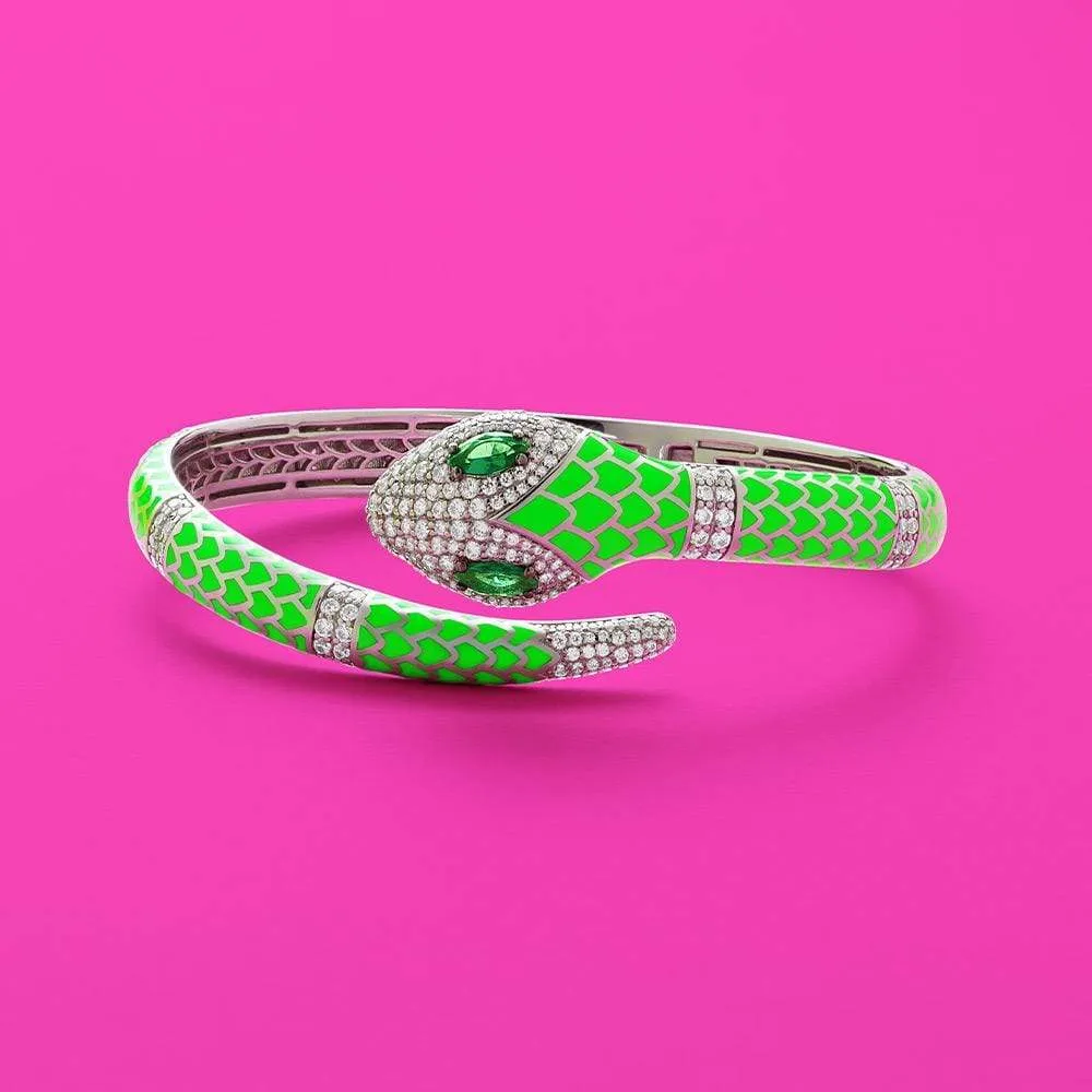 Neon Green Serpent Wrap Cuff - White Silver