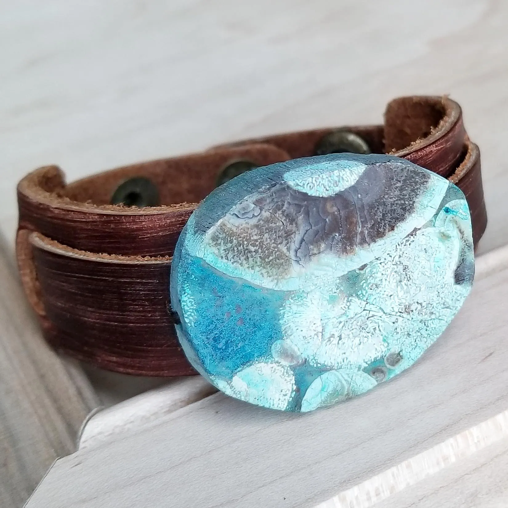 Ocean Agate Slab on Narrow Leather Cuff 005K