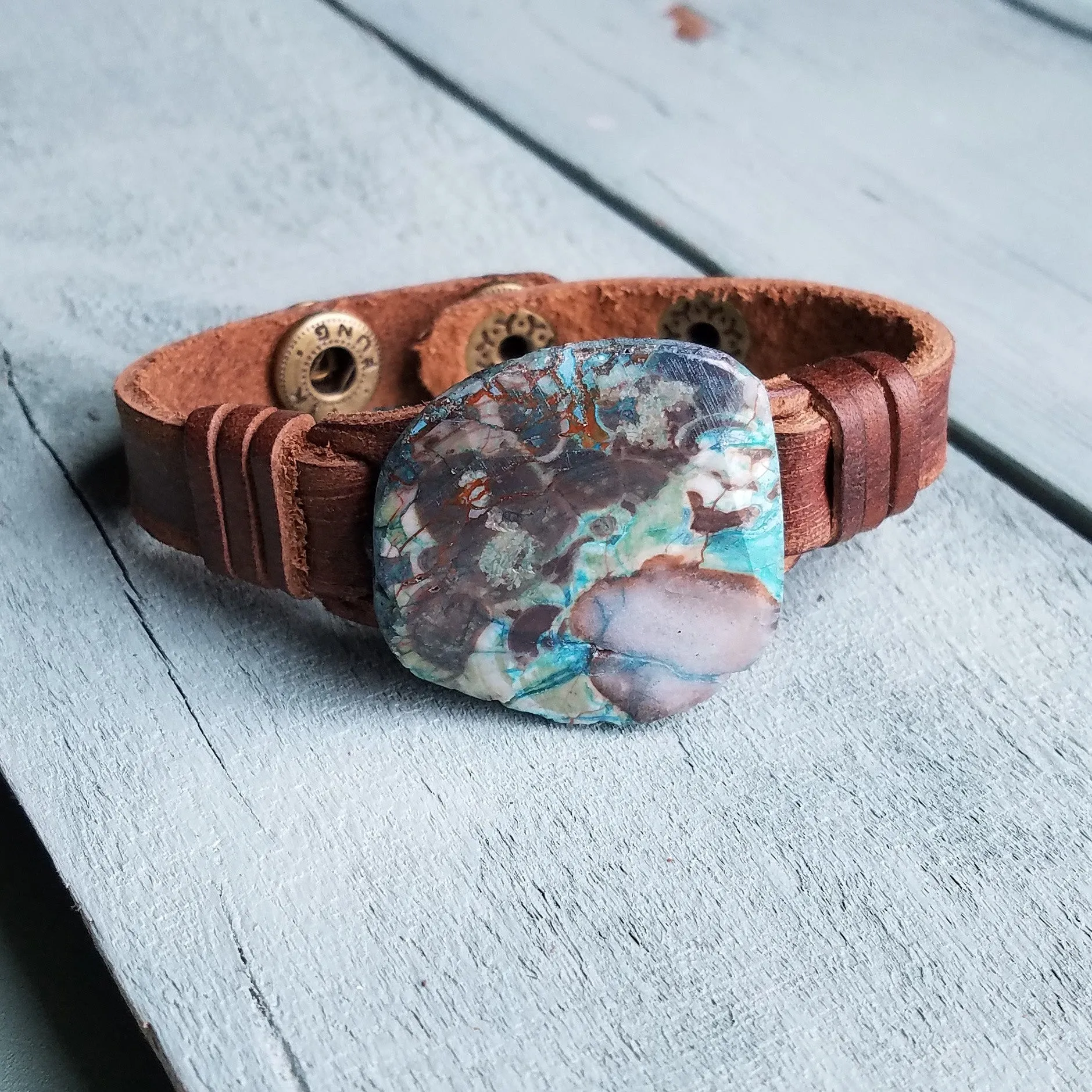 Ocean Agate Slab on Narrow Leather Cuff 005K