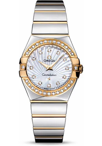 Omega Ladies Constellation Polished Quartz Watch - 27 mm Polished Steel And Yellow Gold Case - Diamond Bezel - Mother-Of-Pearl Diamond Dial - Steel And Yellow Gold Bracelet - 123.25.27.60.55.008