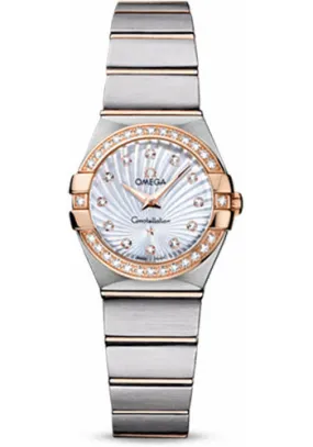 Omega Ladies Constellation Quartz Watch - 24 mm Brushed Steel And Red Gold Case - Diamond Bezel - Mother-Of-Pearl Diamond Dial - 123.25.24.60.55.002