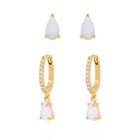 Opal Earring Gift Set | Huggie Hoops & Stud Earrings | 18k Gold Plated