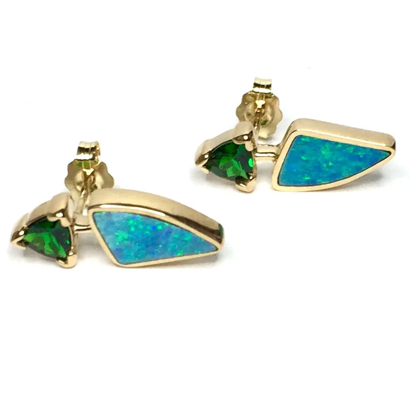 Opal Earrings Triangle Inlaid with Trillion Cut Tsavorite Design Studs