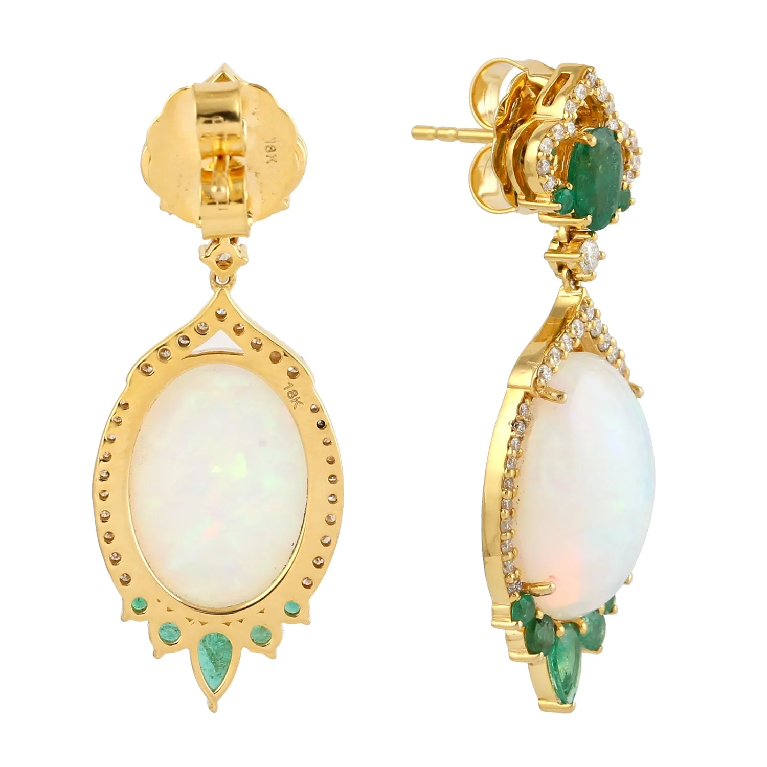 Opal Ethopian Natural Emerald Diamond Designer Earrings In 18k Yellow Gold