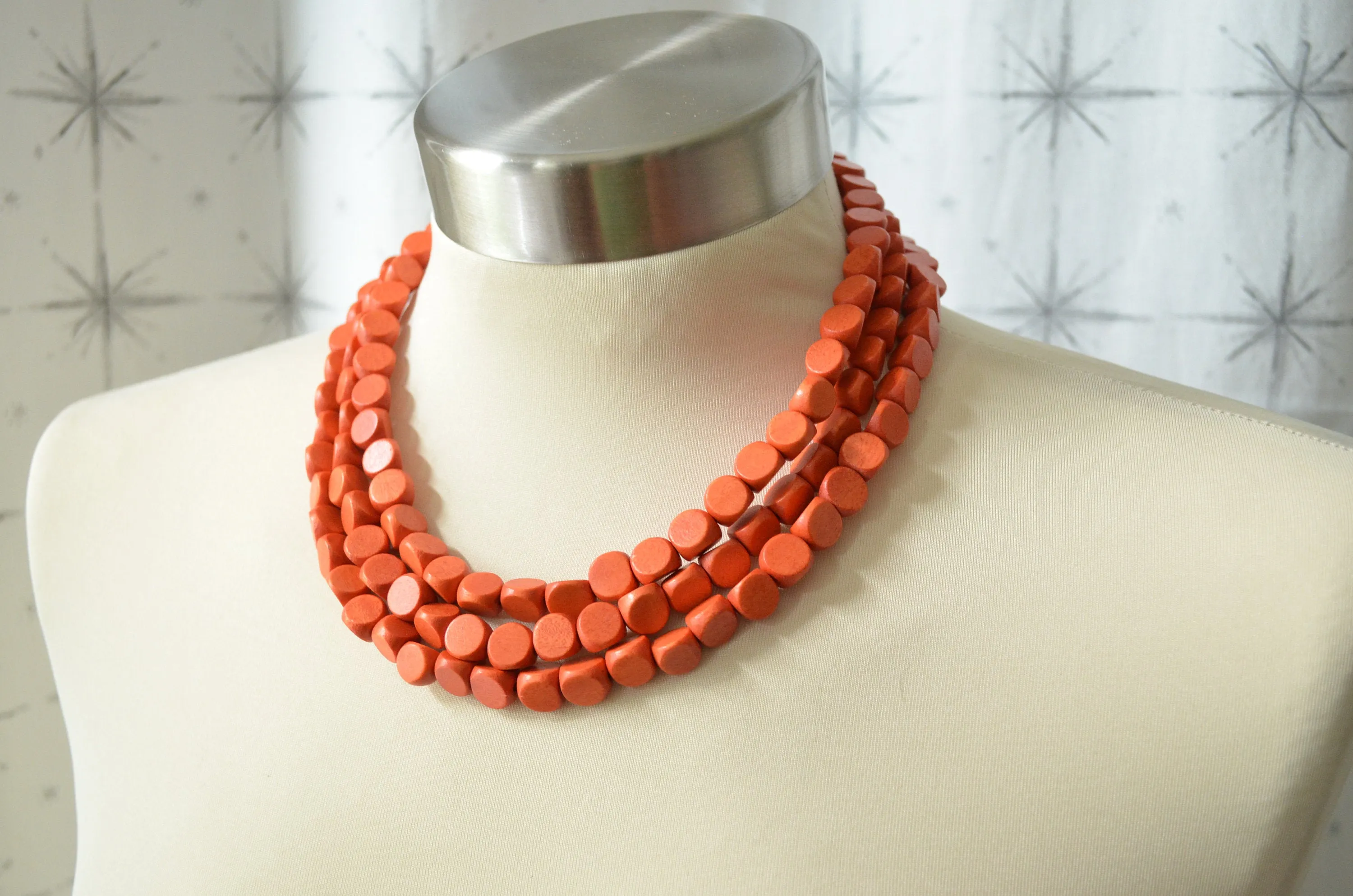 Orange Wood Beaded Wooden Boho Long Statement Necklace - Nicoline