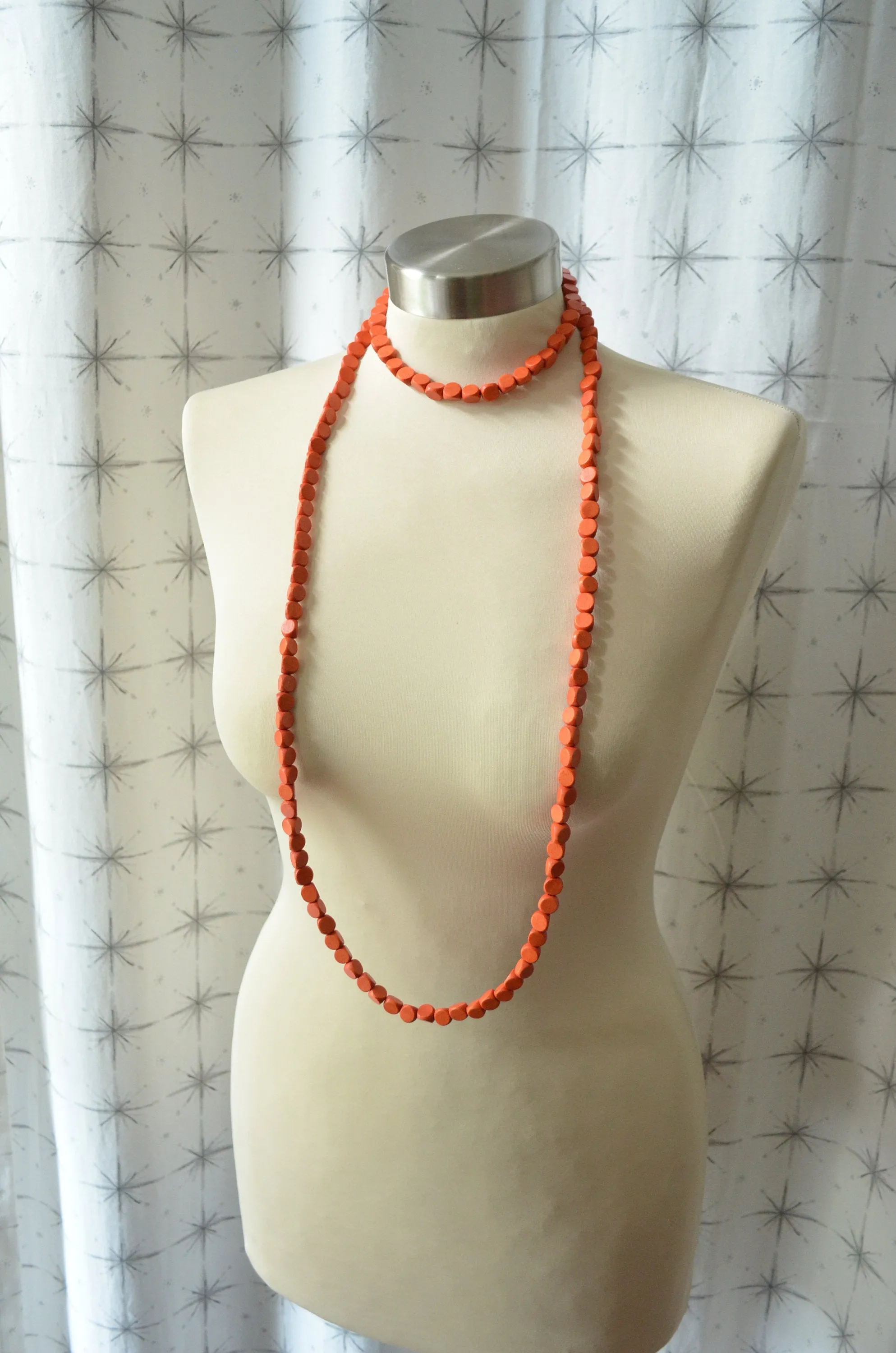 Orange Wood Beaded Wooden Boho Long Statement Necklace - Nicoline