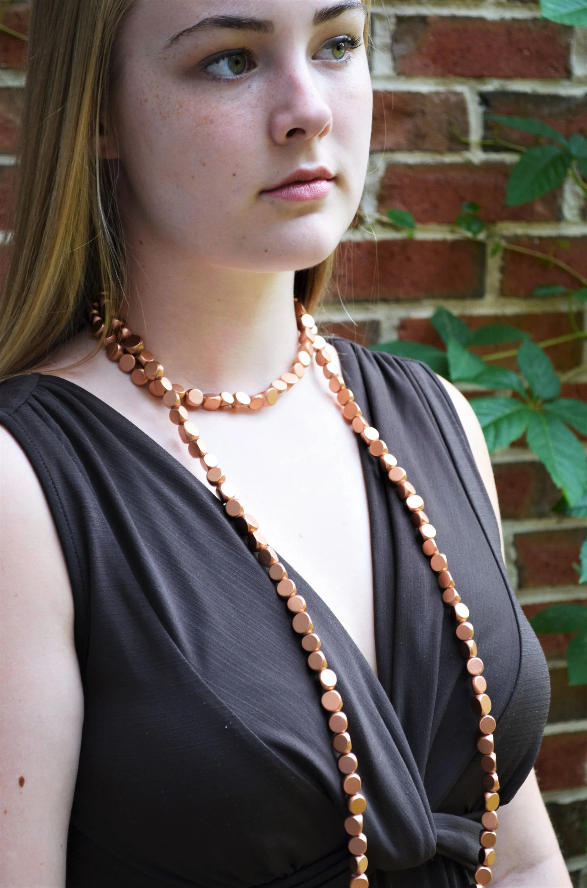 Orange Wood Beaded Wooden Boho Long Statement Necklace - Nicoline