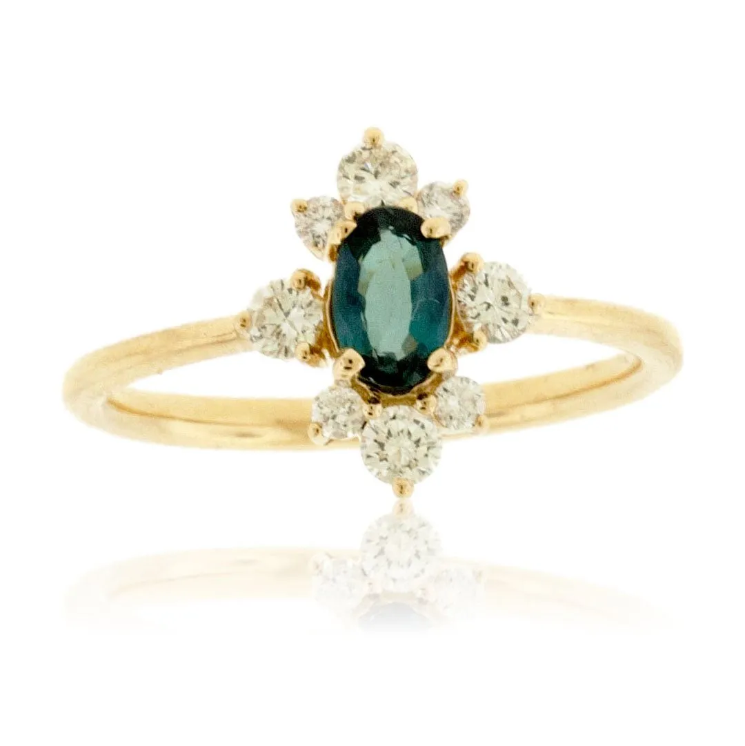 Oval Alexandrite & Diamond Burst Halo Style Ring