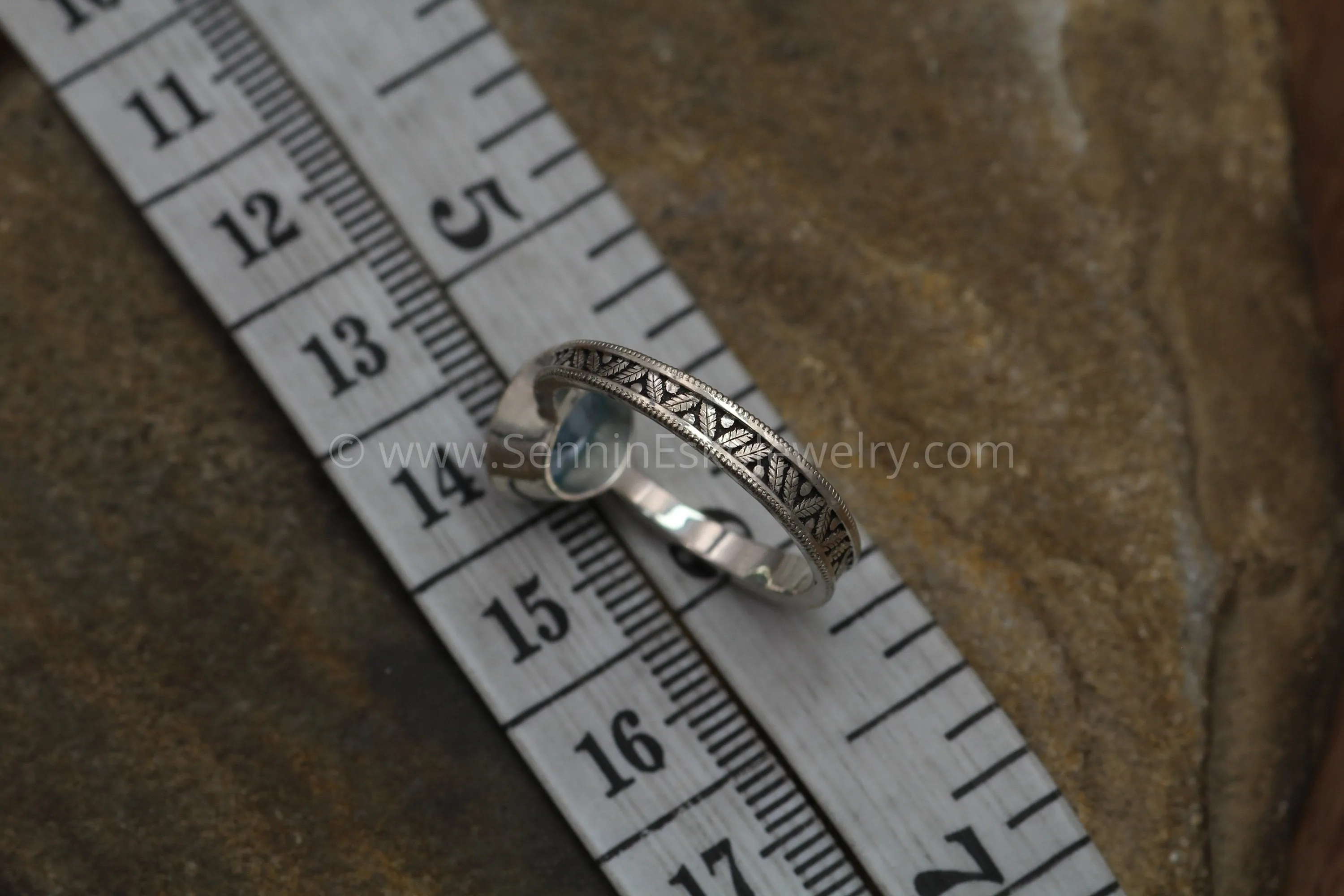 Oval Blue Topaz Hand Made Vintage Engagement Bezel Ring - Milgrain Ring - Leaf Ring