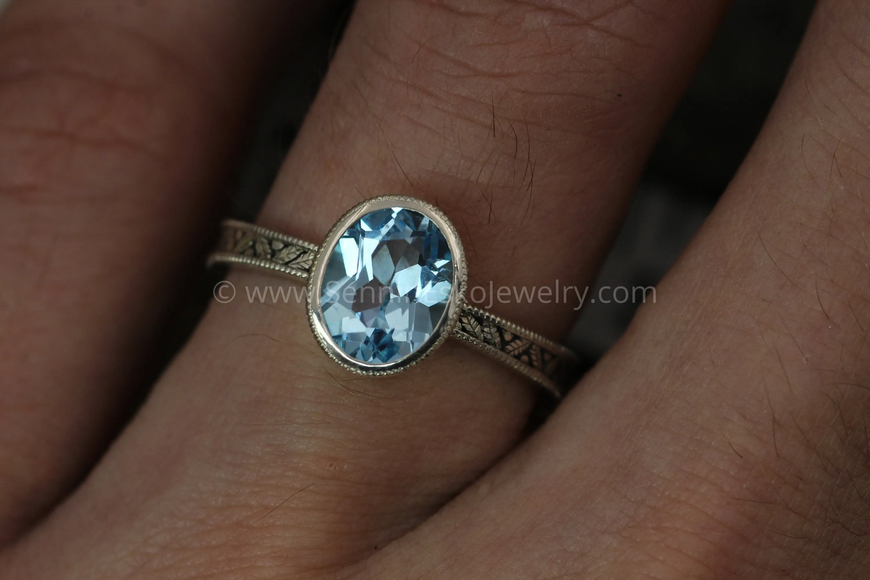 Oval Blue Topaz Hand Made Vintage Engagement Bezel Ring - Milgrain Ring - Leaf Ring