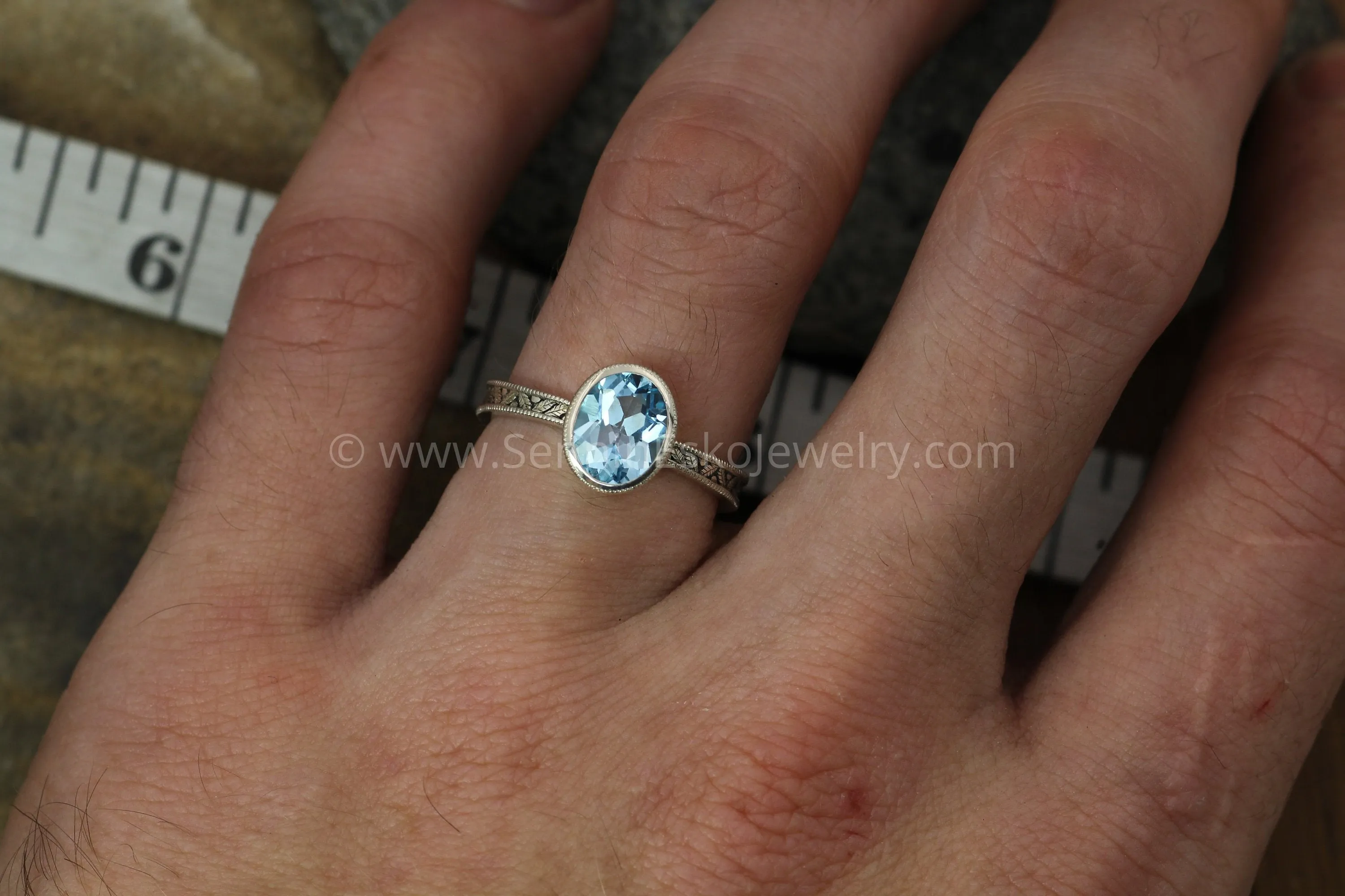 Oval Blue Topaz Hand Made Vintage Engagement Bezel Ring - Milgrain Ring - Leaf Ring