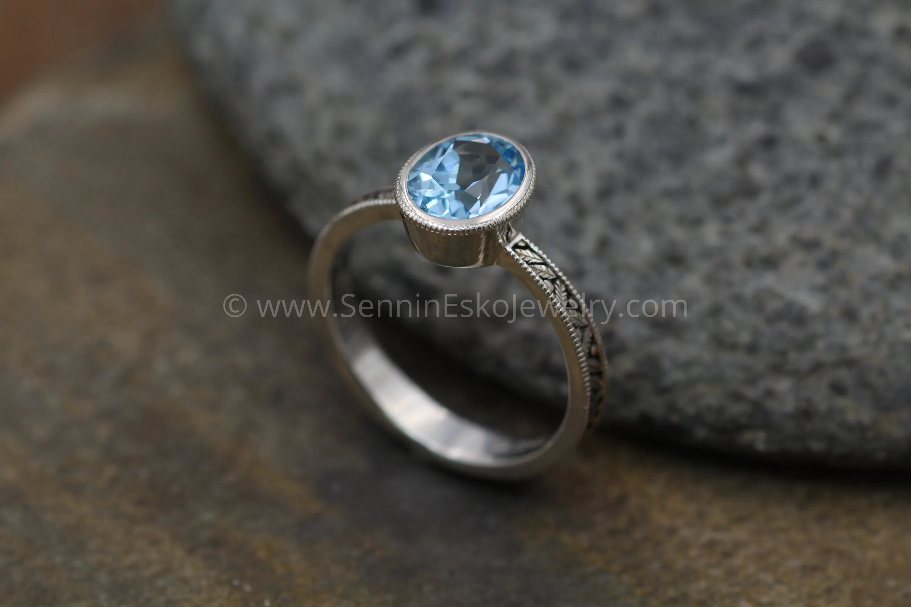 Oval Blue Topaz Hand Made Vintage Engagement Bezel Ring - Milgrain Ring - Leaf Ring