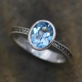 Oval Blue Topaz Hand Made Vintage Engagement Bezel Ring - Milgrain Ring - Leaf Ring