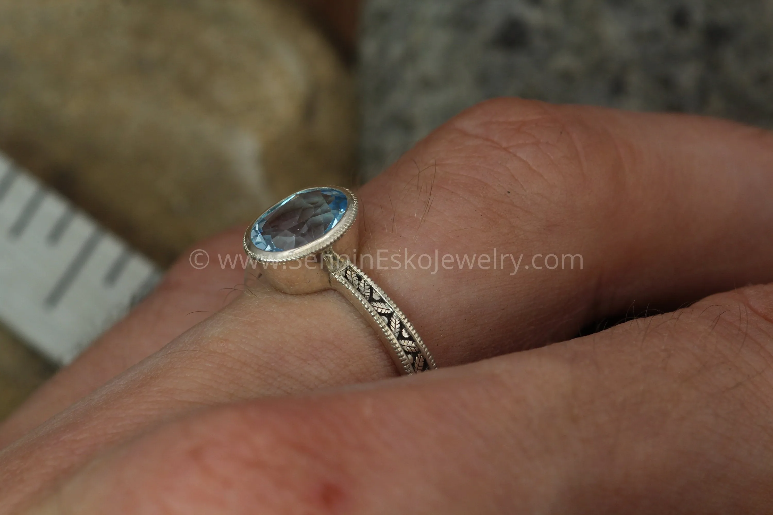 Oval Blue Topaz Hand Made Vintage Engagement Bezel Ring - Milgrain Ring - Leaf Ring