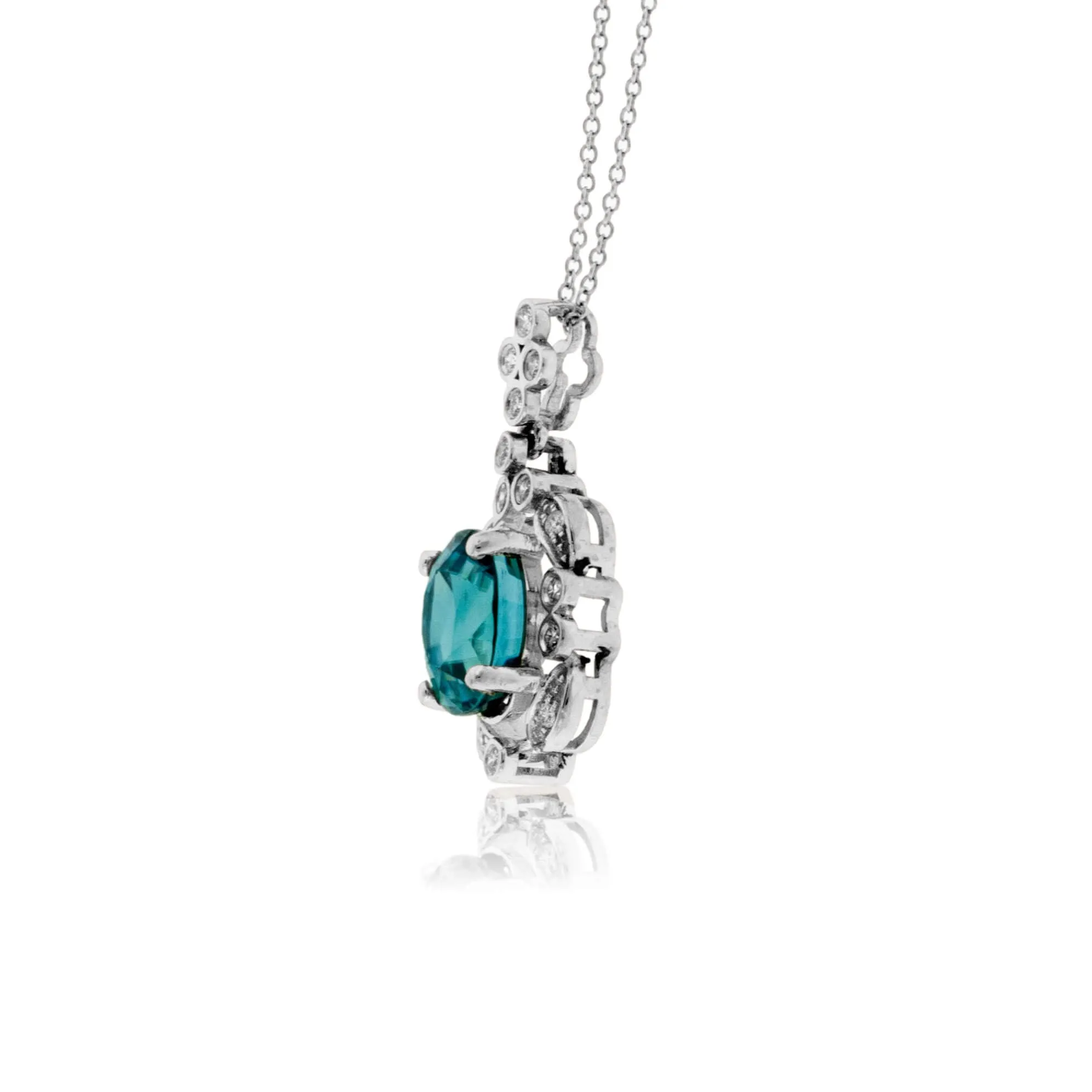 Oval Blue Zircon with Unique Diamond Halo Pendant