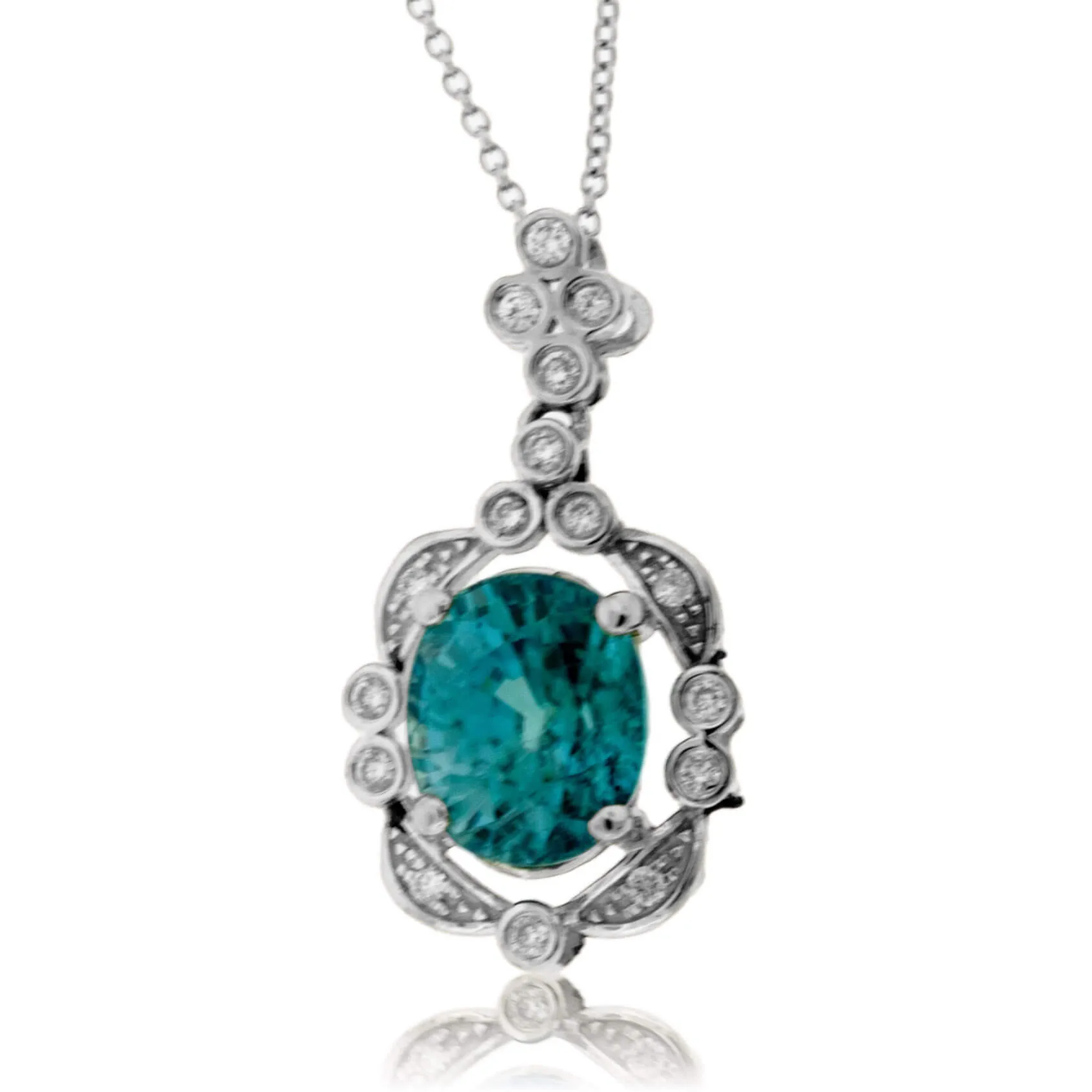 Oval Blue Zircon with Unique Diamond Halo Pendant