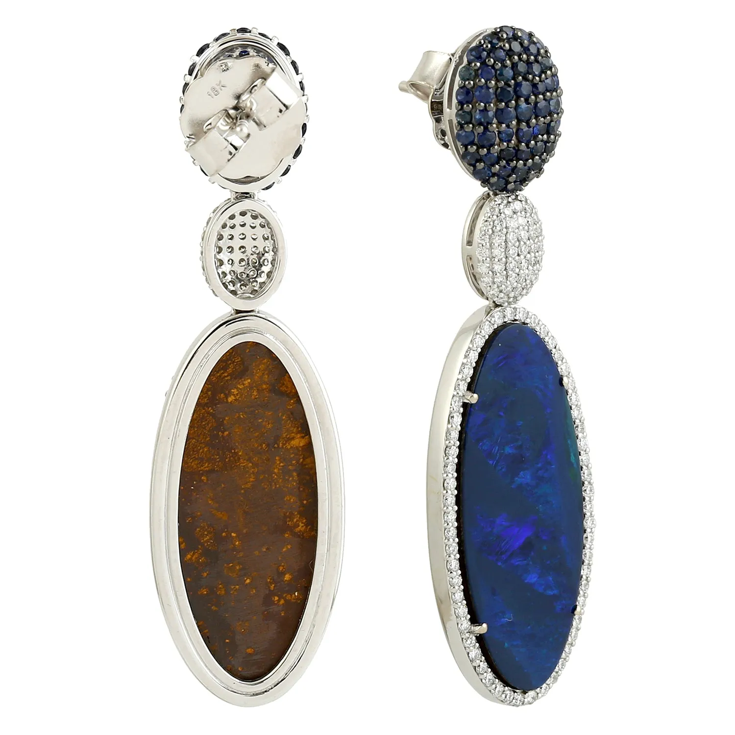 Oval Cut Opal Doublet Pave Blue Sapphire & Diamond Designer Earrings In 18K White Gold