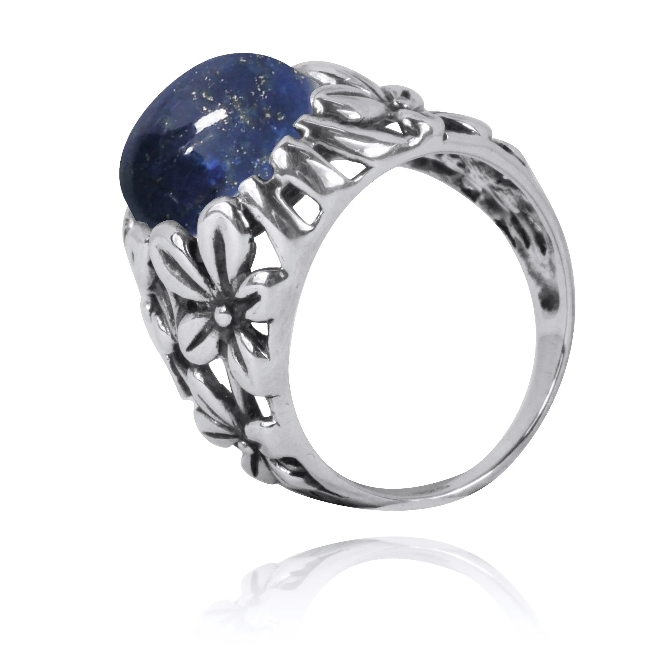 Oxidized Silver Floral Ring with Lapis