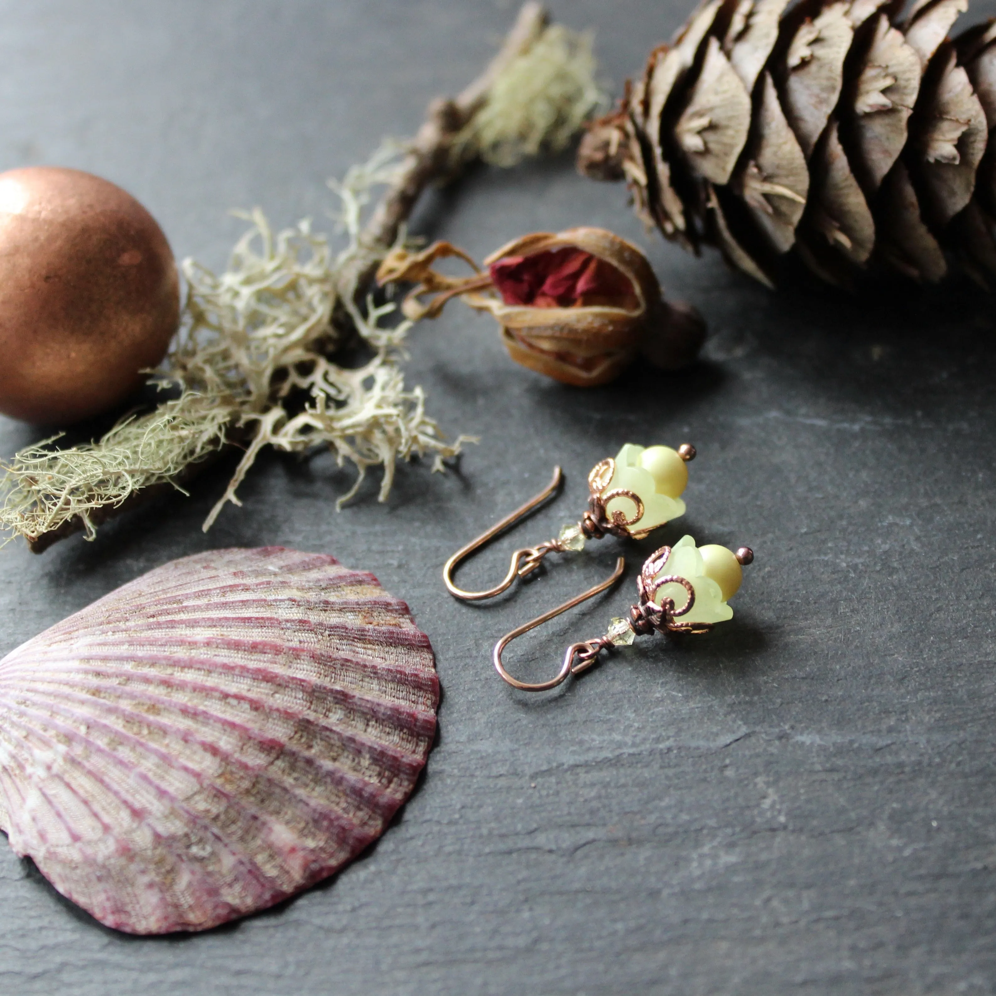 Pale Primrose Fairy Flower Earrings with Rose Gold Accents