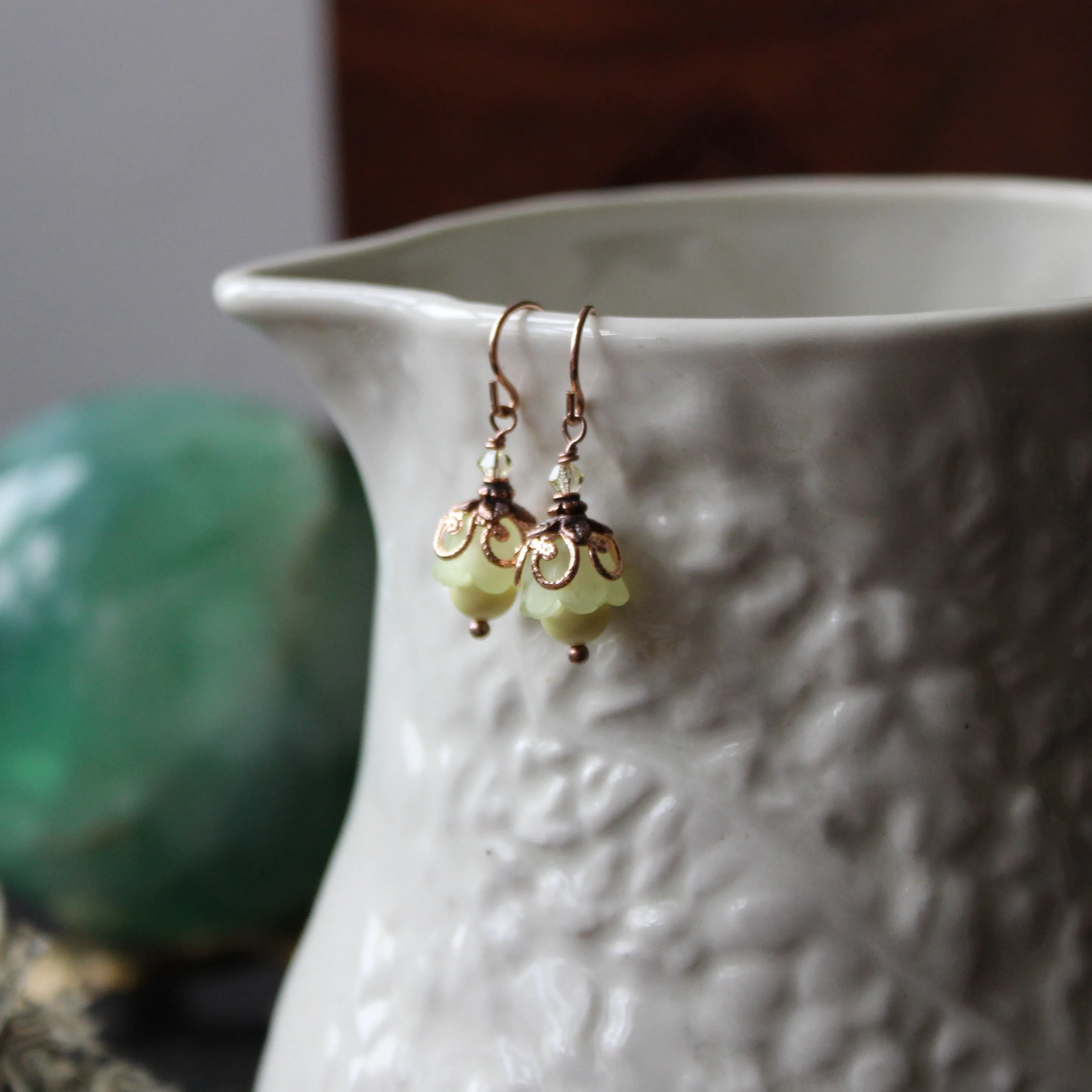 Pale Primrose Fairy Flower Earrings with Rose Gold Accents