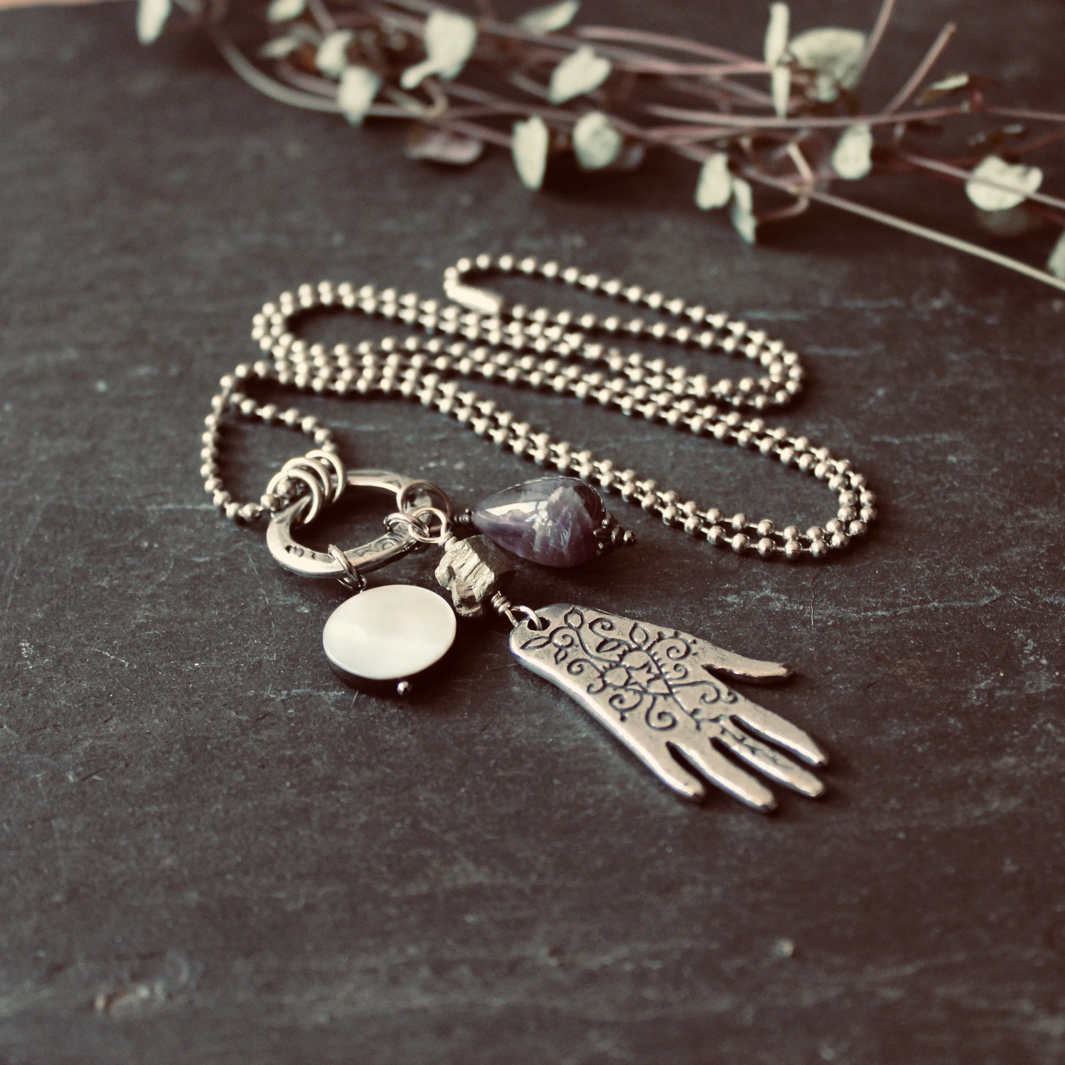 Palmist's Cantrip Long Statement Charm Necklace.