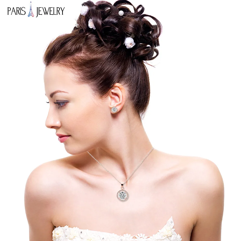 Paris Jewelry 18K Rose Gold White Halo Round 1, 2, 3 and 4Ct Set Necklace and Earrings with Paris Crystals Plated