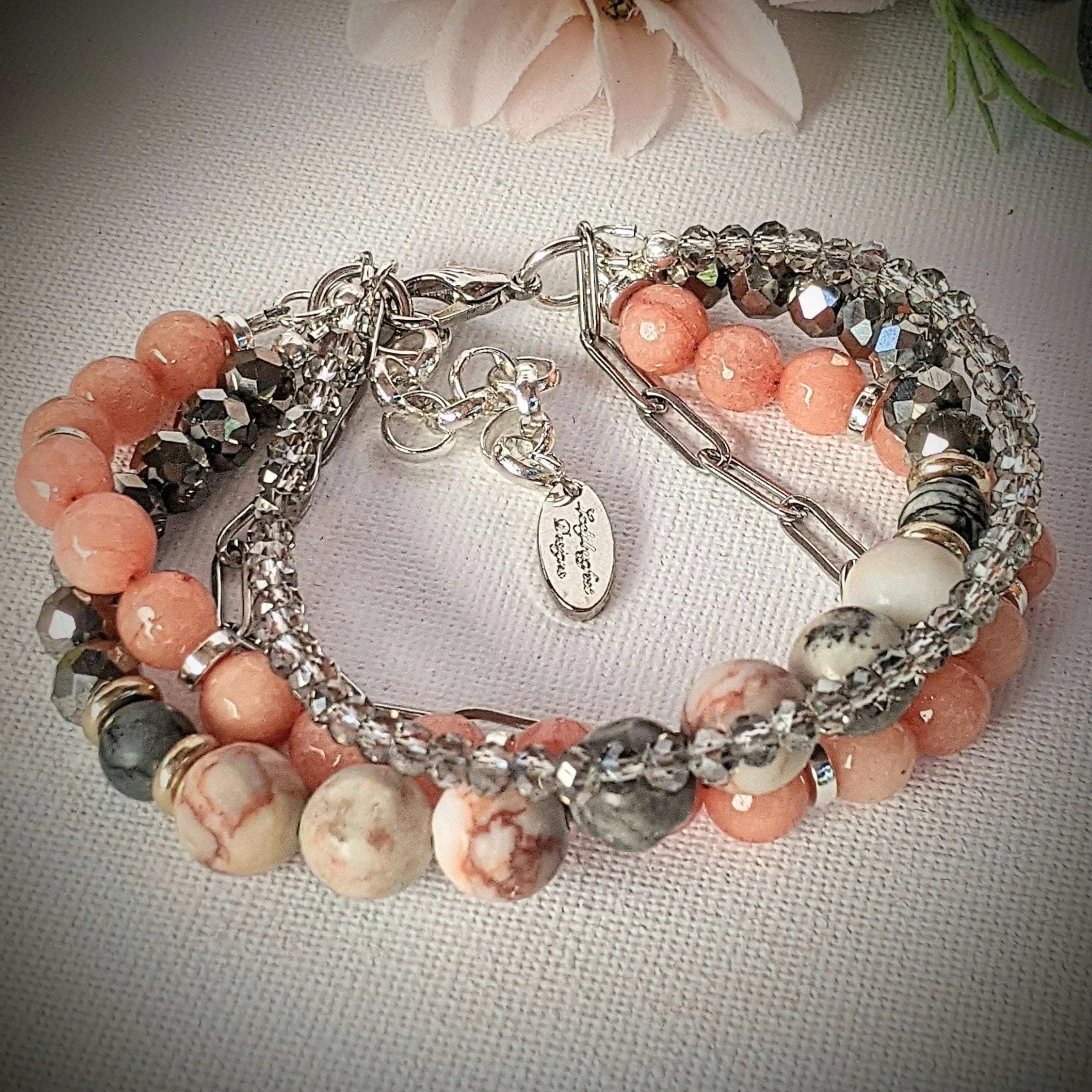 Peach Dream Crystal Beaded layered cuff bracelet