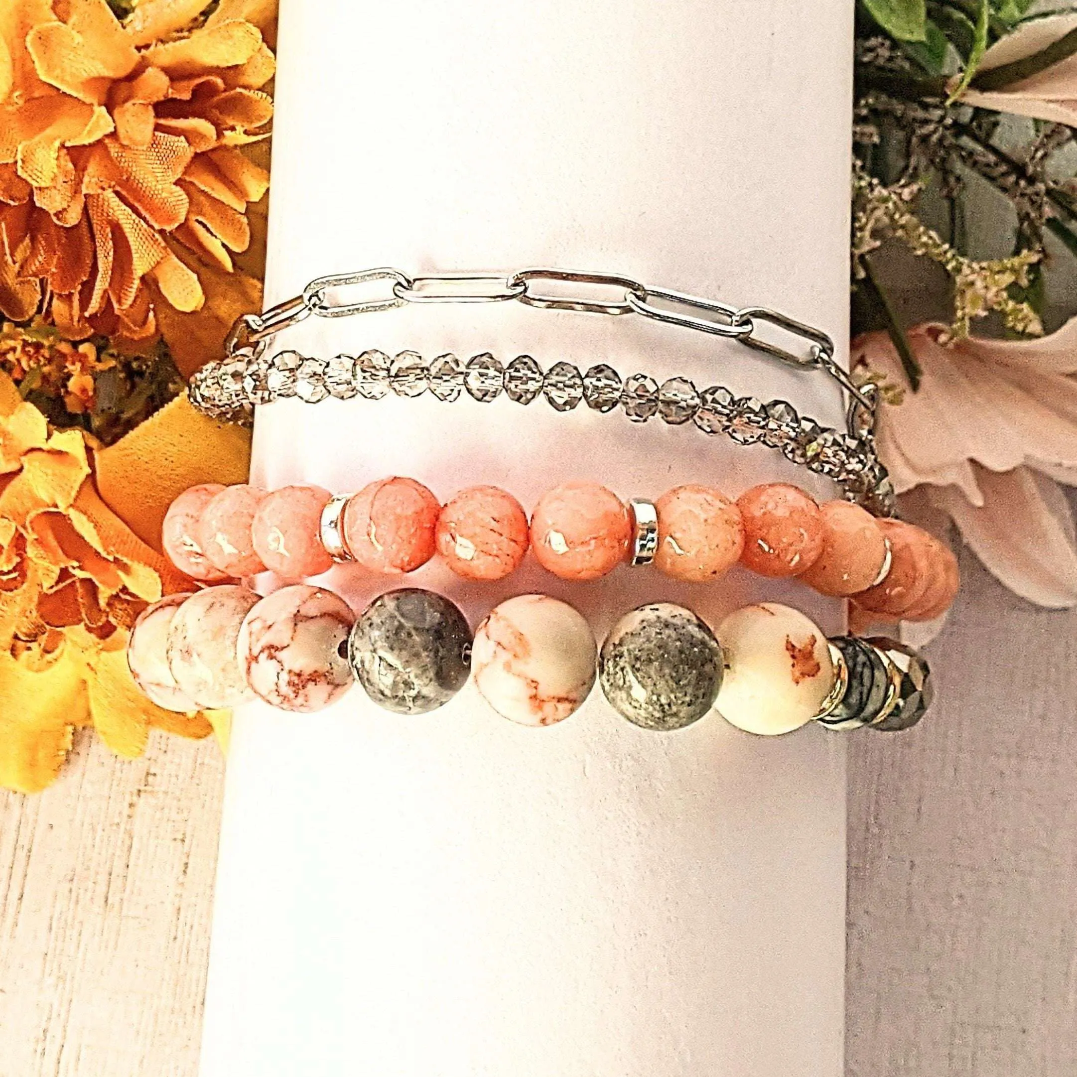 Peach Dream Crystal Beaded layered cuff bracelet