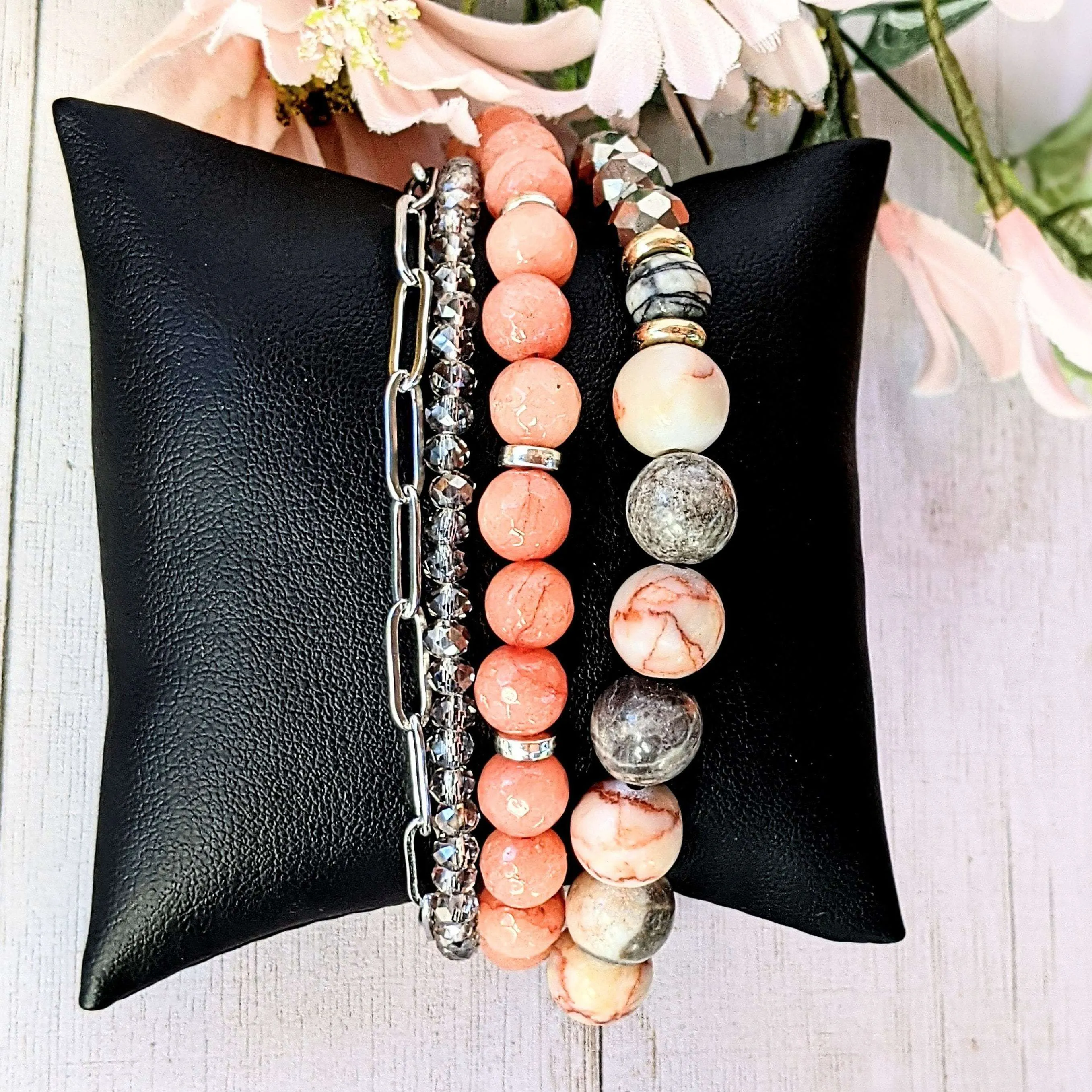 Peach Dream Crystal Beaded layered cuff bracelet