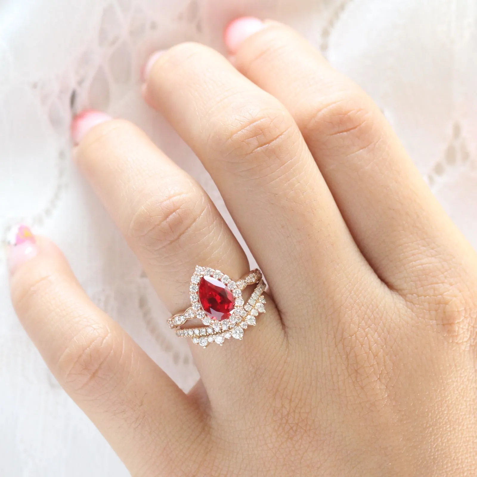 Pear Ruby Engagement Ring in Luna Halo Diamond Scalloped Band