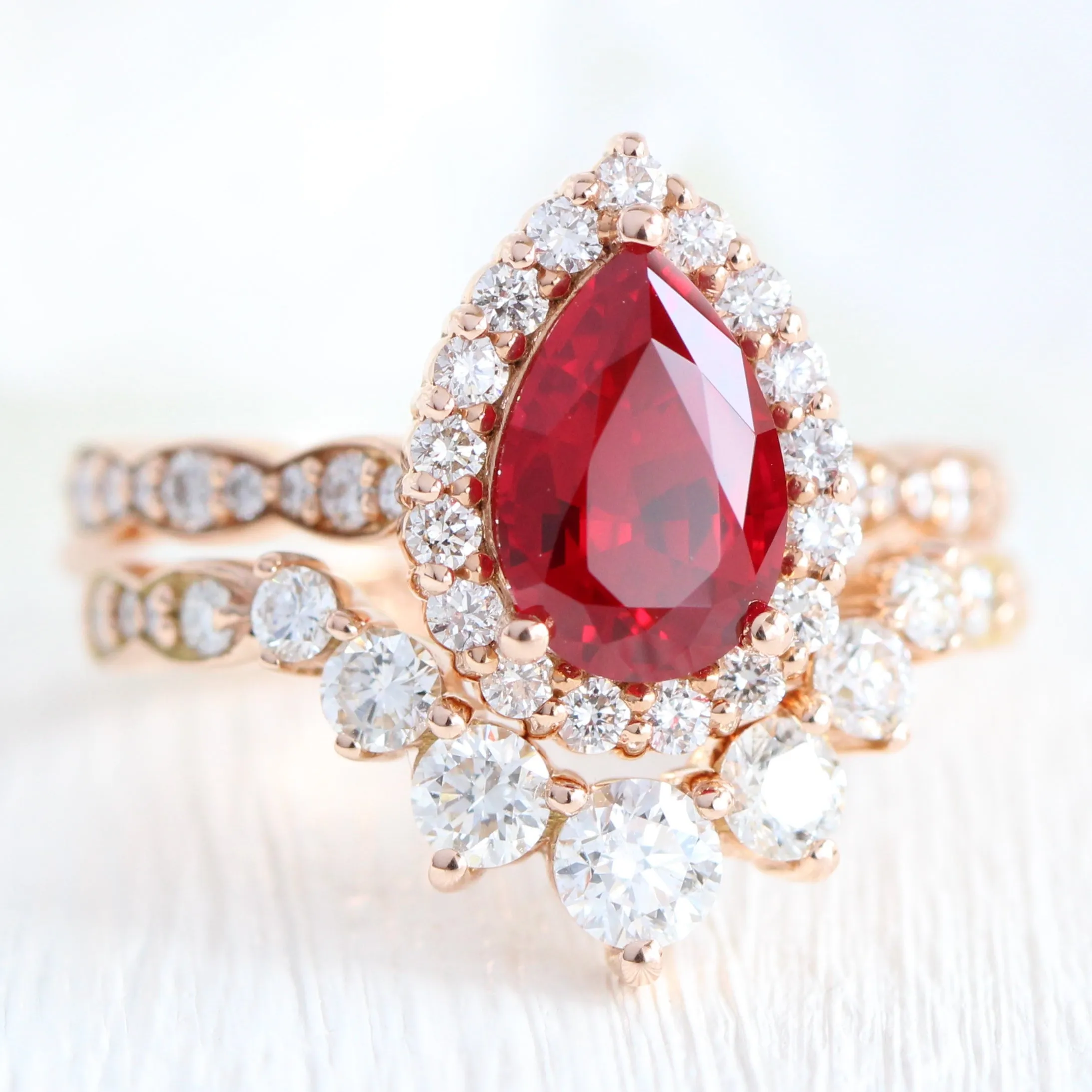 Pear Ruby Engagement Ring in Luna Halo Diamond Scalloped Band