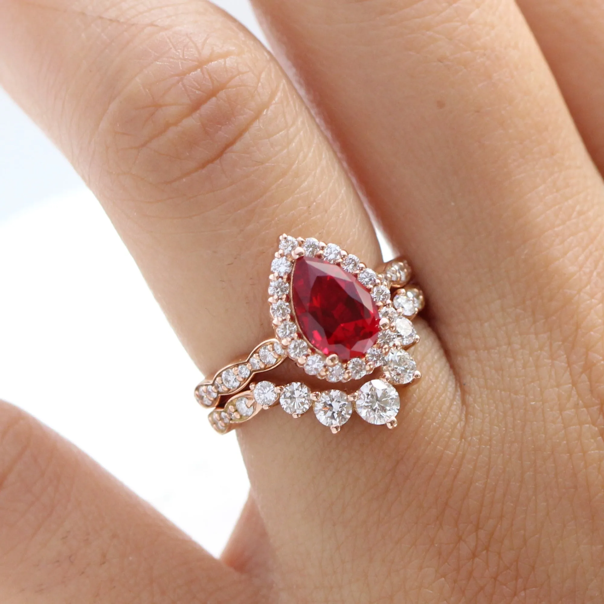 Pear Ruby Engagement Ring in Luna Halo Diamond Scalloped Band