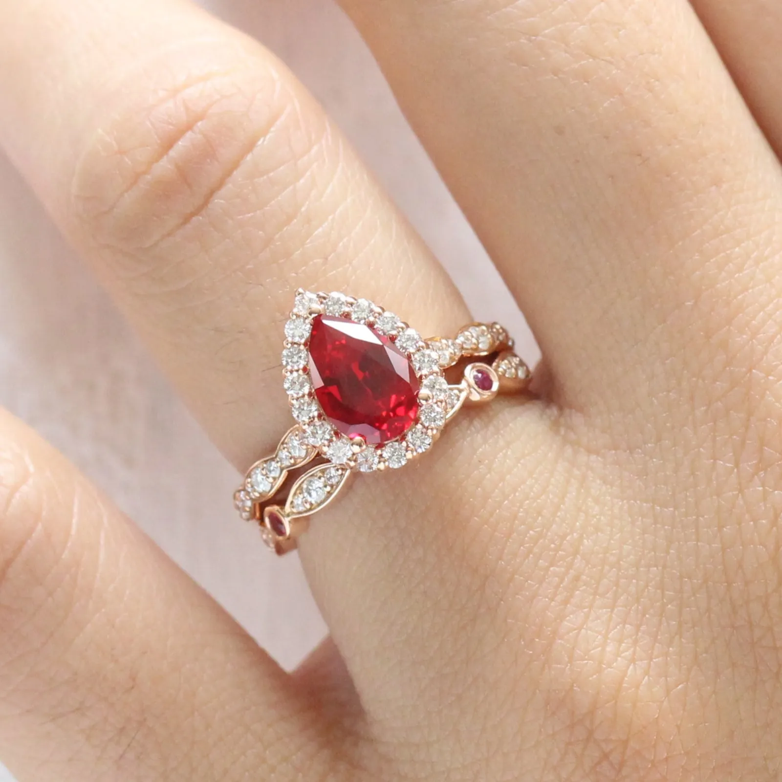 Pear Ruby Engagement Ring in Luna Halo Diamond Scalloped Band