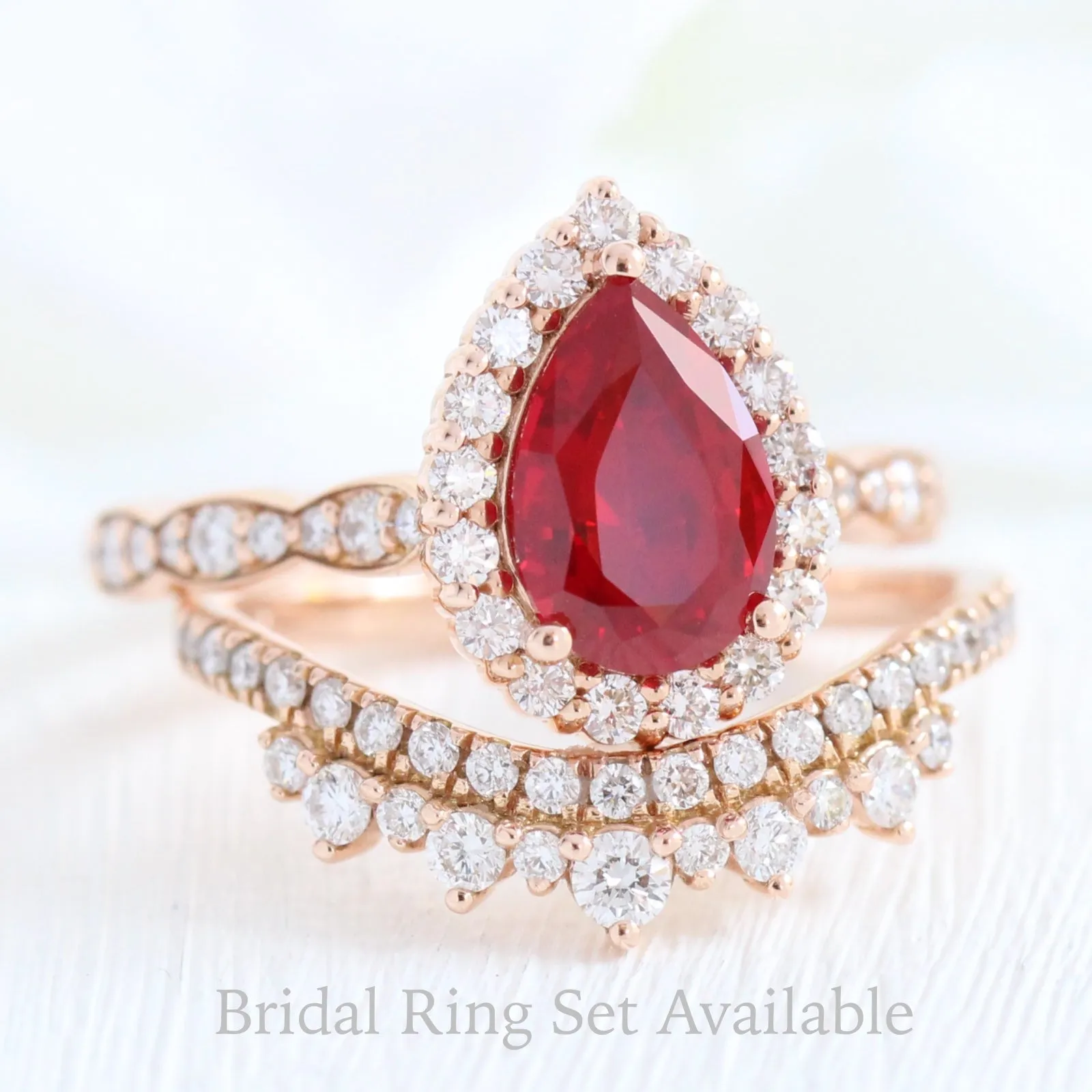 Pear Ruby Engagement Ring in Luna Halo Diamond Scalloped Band