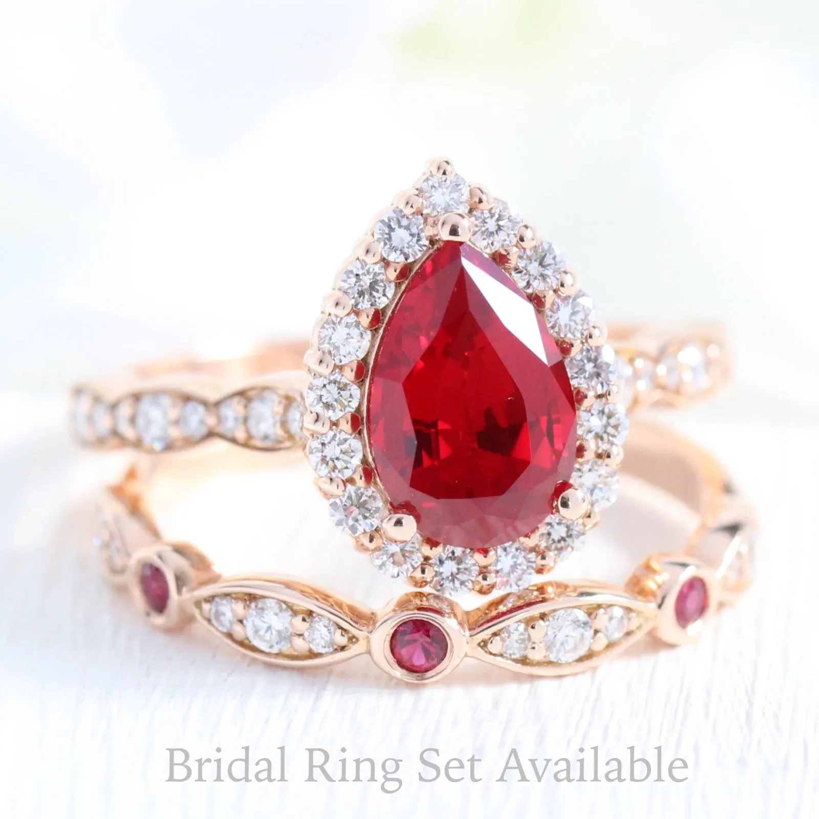 Pear Ruby Engagement Ring in Luna Halo Diamond Scalloped Band