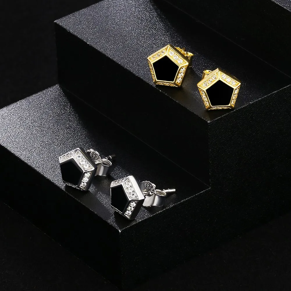 Pentagon Black Diamond Stud Earrings for Men KRKC