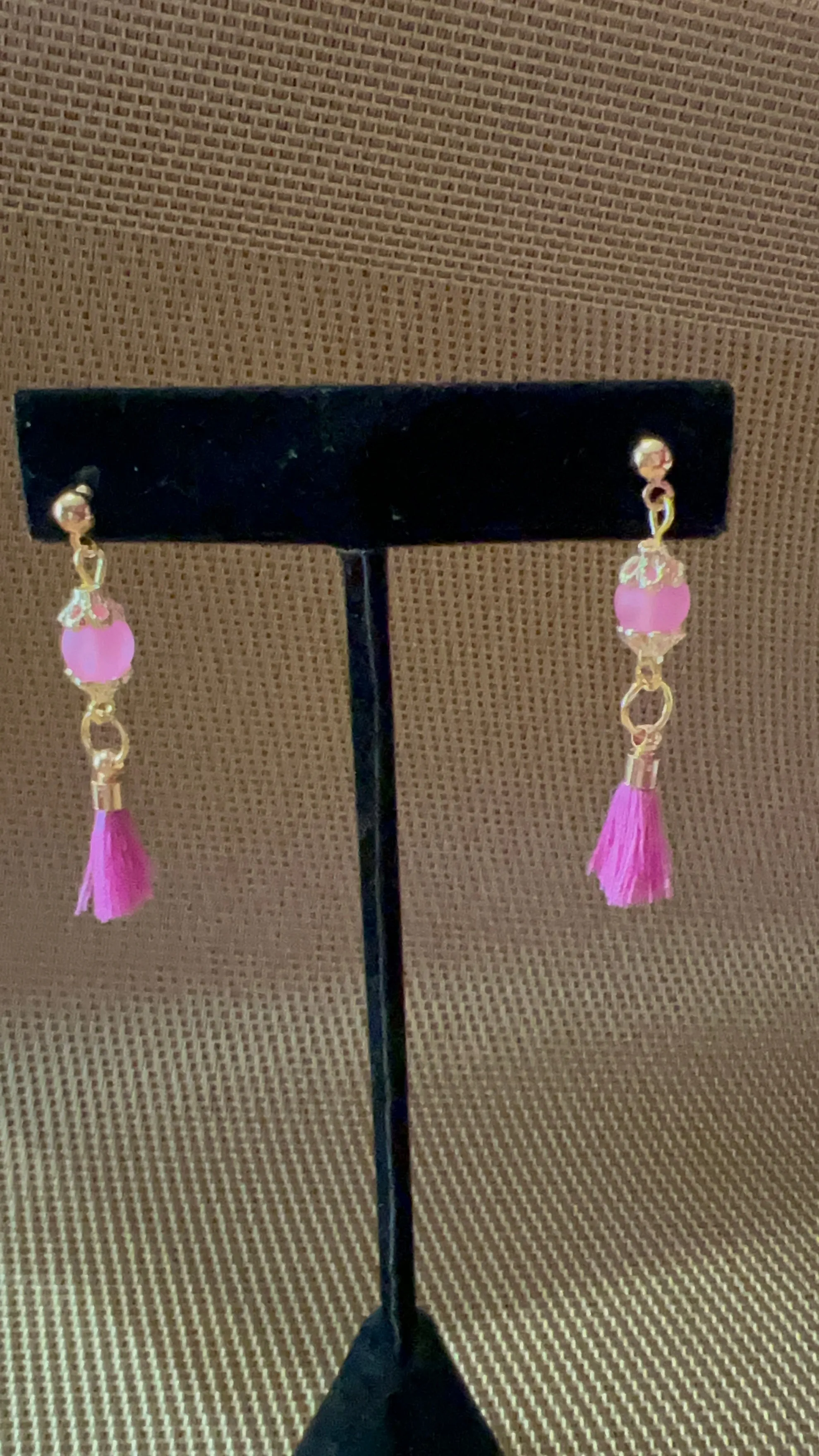 Pink and Gold Earrings with Pink Fringe Post Earrings