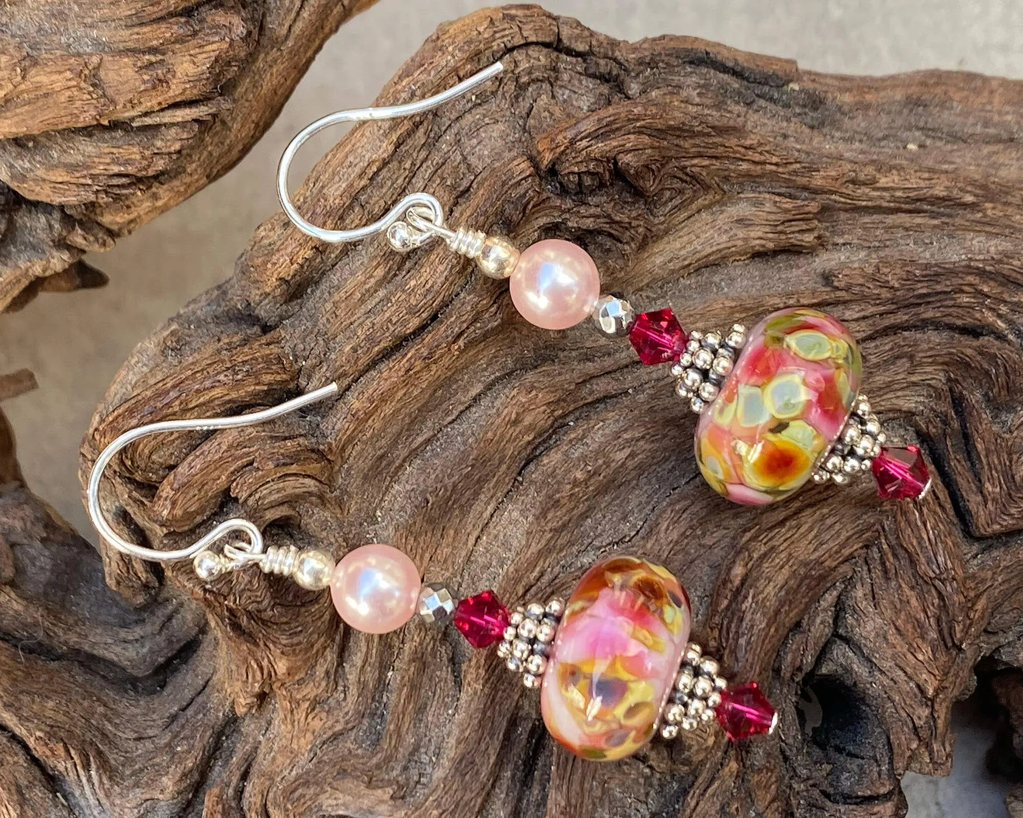 Pink Pearl Fuchsia Lampwork Earrings