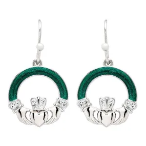 Platinum Plated Claddagh Green Enamel Earrings