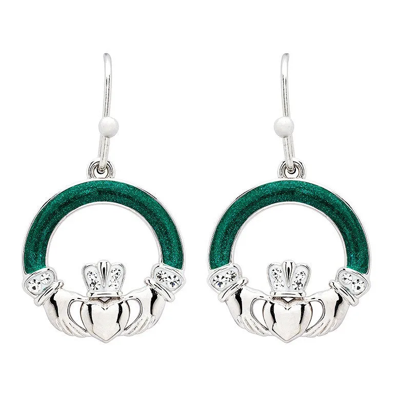 Platinum Plated Claddagh Green Enamel Earrings