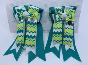 PonyTail Bows- Teal Evergreen White Chevron