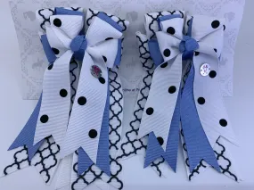 PonyTail Bows- White Black Motif/Blue