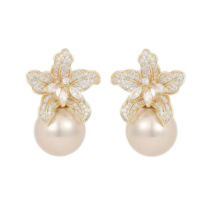 Pre Order:  Retro Lily Flower Pearl Earrings