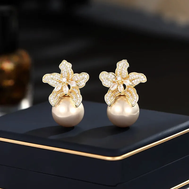 Pre Order:  Retro Lily Flower Pearl Earrings