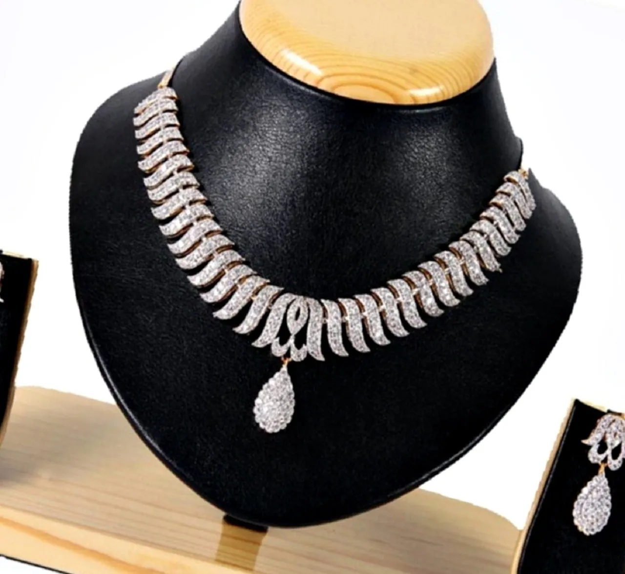 Premium American Diamond Studded Gold Plated Necklace Set with Earrings for Women and Girls