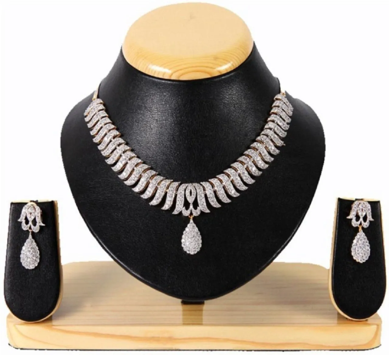 Premium American Diamond Studded Gold Plated Necklace Set with Earrings for Women and Girls