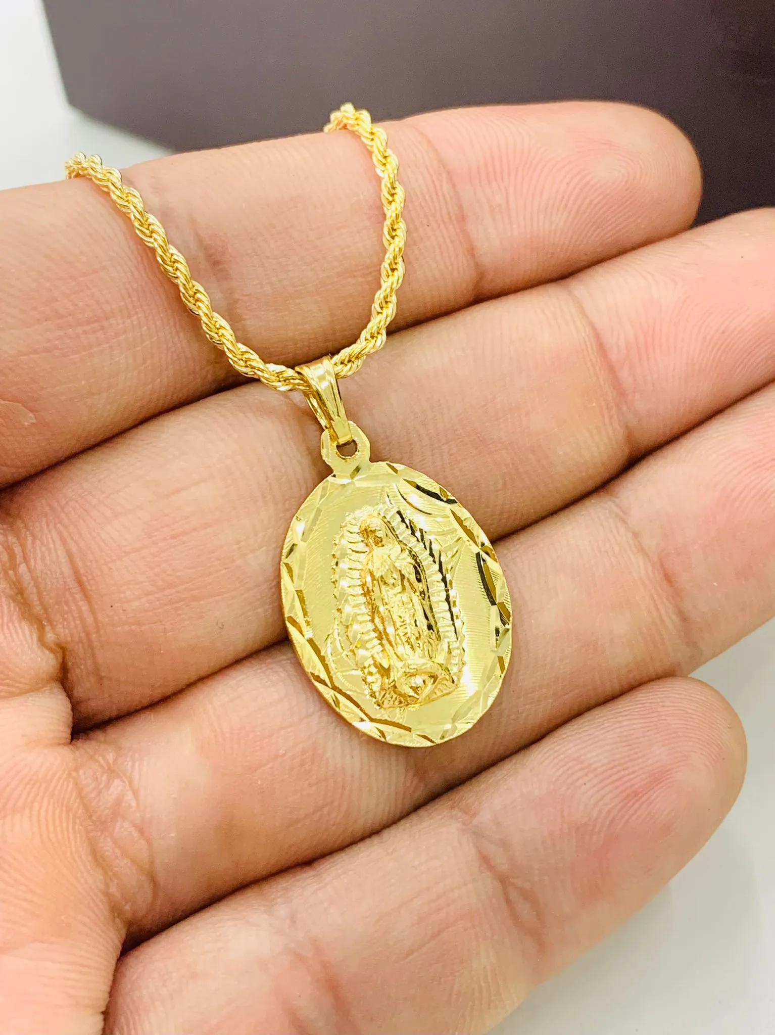 PrimeJewelry269 - 14K Yellow Gold Filled Virgen de Guadalupe Necklace Mens 24" Rope Chain Necklace