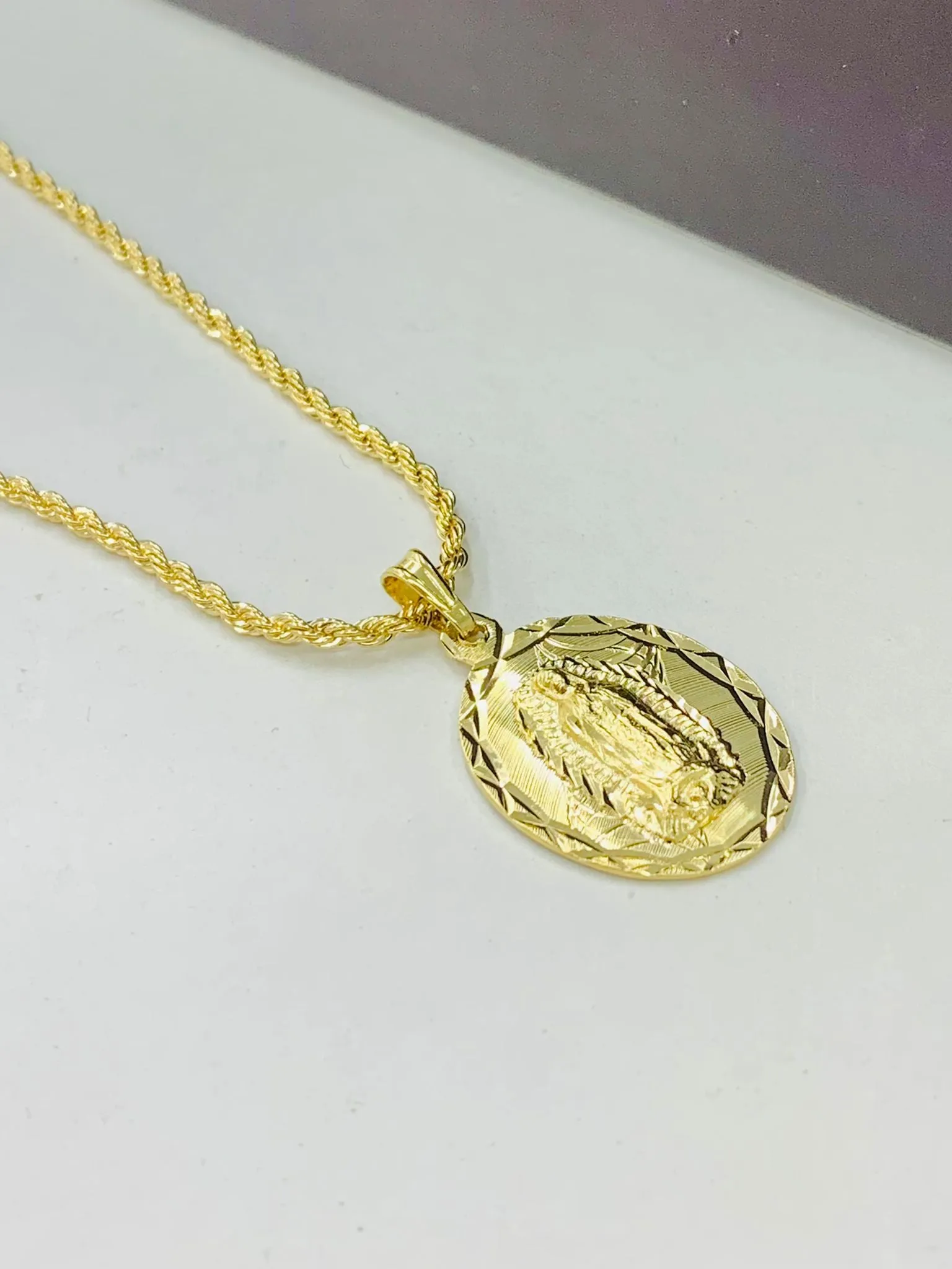 PrimeJewelry269 - 14K Yellow Gold Filled Virgen de Guadalupe Necklace Mens 24" Rope Chain Necklace