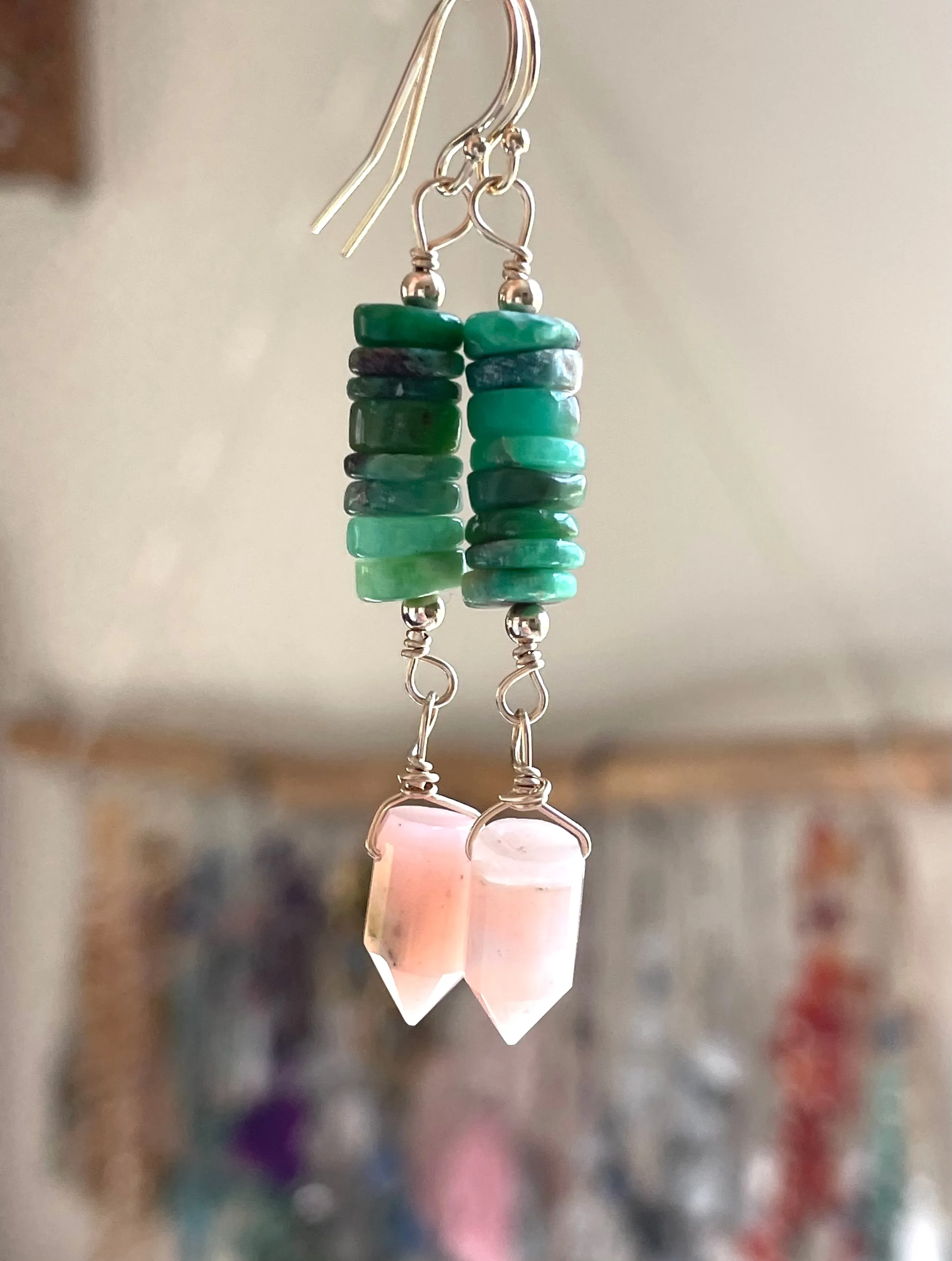 Raw Crystal Earrings - Pink Opal Points And Chrysoprase Gold Filled